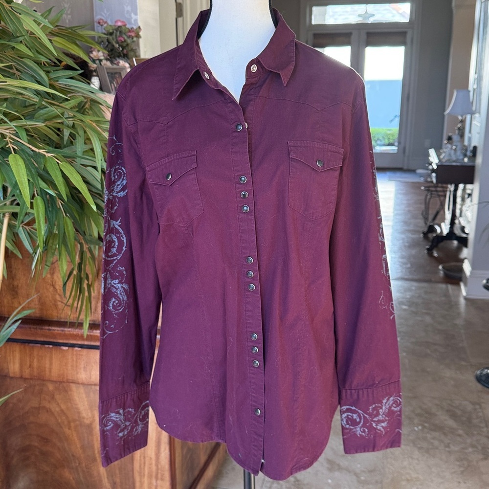 STETSON ladies western long sleeve blouse XL excellent condition burgundy - Picture 15 of 16